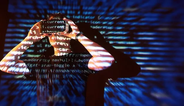 الإدراك البشري يلتقي بشيفرة الآلة تعريض مزدوج لشخص يرتدي سماعة VR متراكبة مع تدفقات من الشيفرة